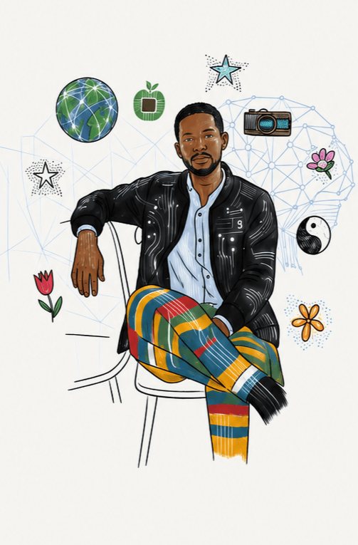 Illustrated portrait of Dayo Kelani surrounded by floating objects